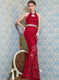 Burgundy Lace Prom Dress,Formal Long Evening Dress,Backless Prom Dress PD00025