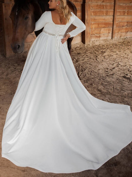 Plus Size Modest Satin Wedding Dress,Long Sleeves Wedding Gown with Corset Back,WD00669