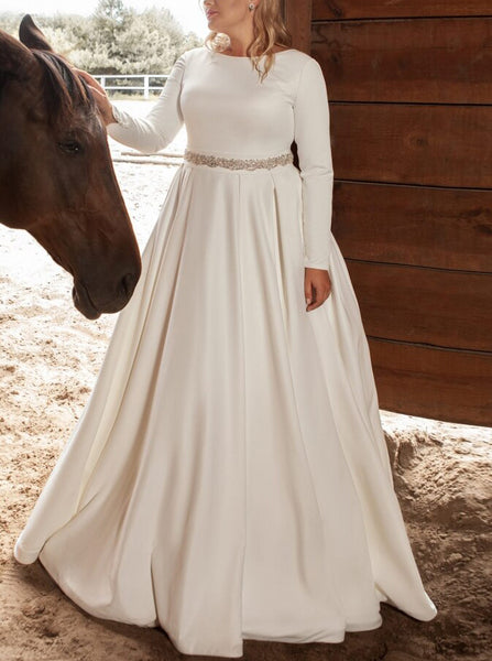 Plus Size Modest Satin Wedding Dress,Long Sleeves Wedding Gown with Corset Back,WD00669