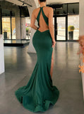 Dark Green Halter Prom Dress with Cutout Back,High Slit Evening Dress,PD00488