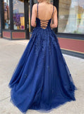 A-line Dark Navy Prom Dress,V-neck Lace Up Back Prom Dress,PD00536