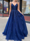 A-line Dark Navy Prom Dress,V-neck Lace Up Back Prom Dress,PD00536