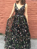 Black Prom Dress,V Back Floral Embroidered Tulle Prom Dress,PD00559