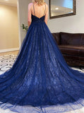 A-line Dark Navy Prom Dress,Plunging Neckline Formal Dress,PD00601