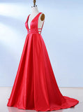 Red Simple Evening Dress,Evening Dress with Train,V-neck Prom Dress PD00080