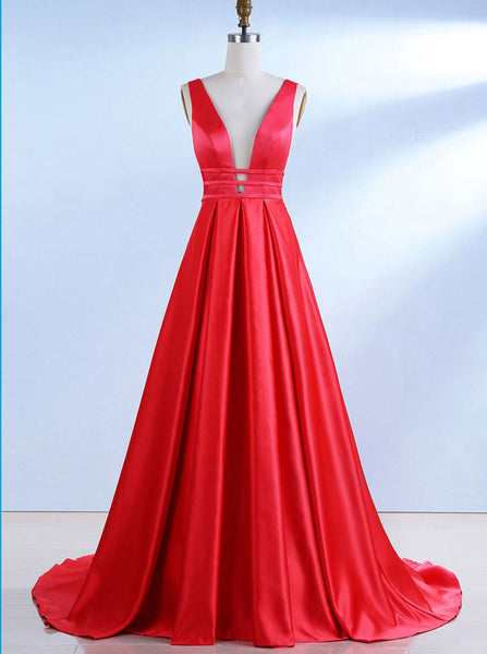 Red Simple Evening Dress,Evening Dress with Train,V-neck Prom Dress PD00080