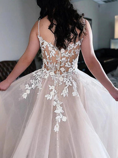 A-line Wedding Dress with spaghetti straps,Sheer Back Wedding Dress,WD00666