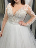 Plus Size Plunging Neckline Bridal Dress,Long Sleeve Tulle Wedding Dress,WD00671