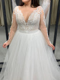 Plus Size Plunging Neckline Bridal Dress,Long Sleeve Tulle Wedding Dress,WD00671