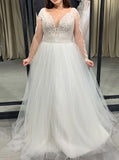 Plus Size Plunging Neckline Bridal Dress,Long Sleeve Tulle Wedding Dress,WD00671