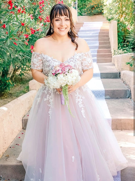 Plus Size Lilac Wedding Gown,Off the Shoulder Tulle Bridal Dress,WD00690