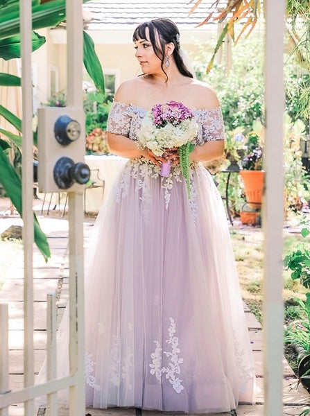 Plus Size Lilac Wedding Gown,Off the Shoulder Tulle Bridal Dress,WD00690