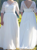 Plus Size V-Neckline Wedding Gown,Plus Size Bridal Gown with Sleeves,WD00702