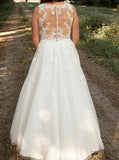 Floor Length Plus Size Wedding Dress,Illusion Back Bridal Dress,WD00709