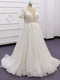 Plus Size Wedding Dress with Short Sleeves,Glitter Plus Size Bridal Dress,WD00716