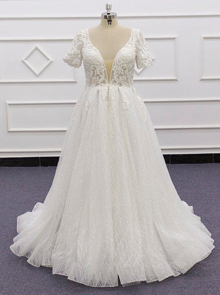 Plus Size Wedding Dress with Short Sleeves,Glitter Plus Size Bridal Dress,WD00716