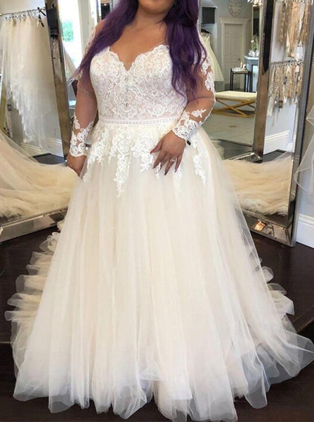 Long Sleeve Illusion Back Plus Size Wedding Dress,V-Neck Plus Size Bridal Dress,WD00717