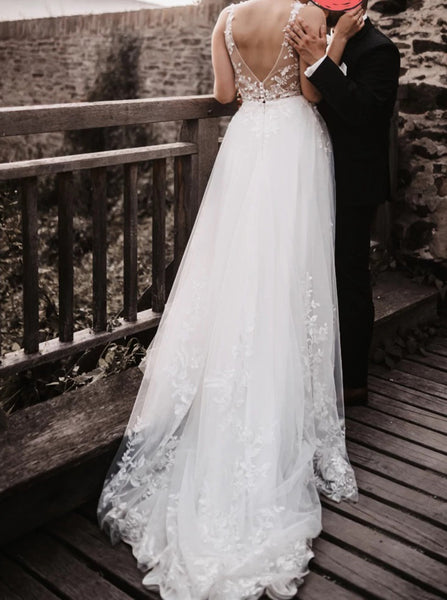 V-Neck Sleeveless Wedding Gown,A-line Boho Bridal Dress,WD00742