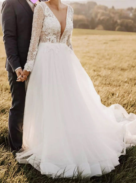 Long Sleeve Wedding Dress,A-line Tulle Bridal Dress,WD00744