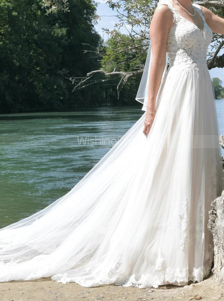 Sheer Back Bridal Dress,A-line V Neckline Wedding Dress,WD00760