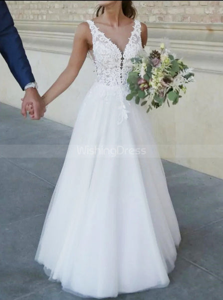 A-line floor length Bridal Dress,Lace Bodice V-Neck Bridal Dress,WD00765