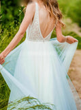 A-line Tulle Bridal Dress, Plunging Neck Wedding Dress,WD00766