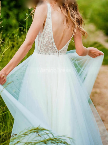 A-line Tulle Bridal Dress, Plunging Neck Wedding Dress,WD00766