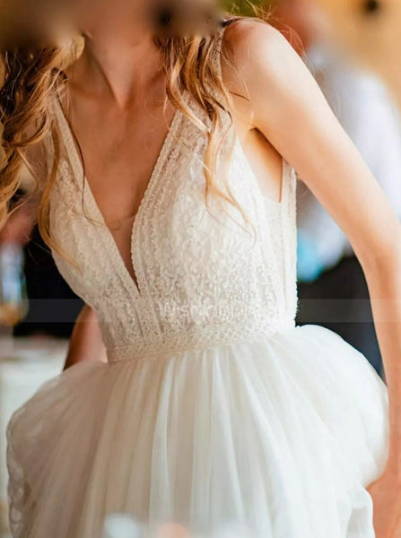 A-line Tulle Bridal Dress, Plunging Neck Wedding Dress,WD00766