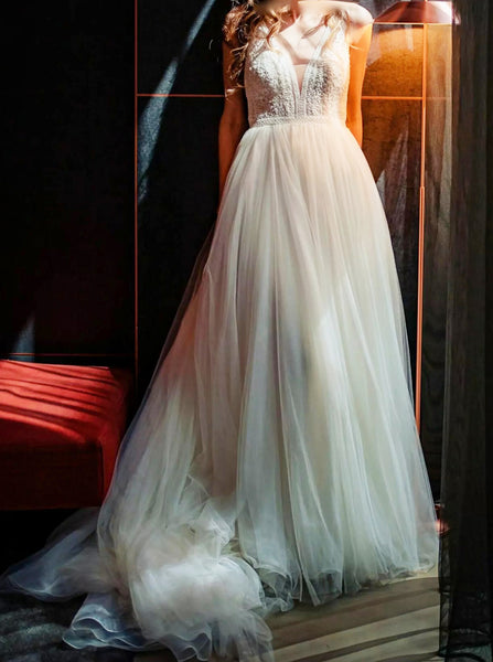 A-line Tulle Bridal Dress, Plunging Neck Wedding Dress,WD00766