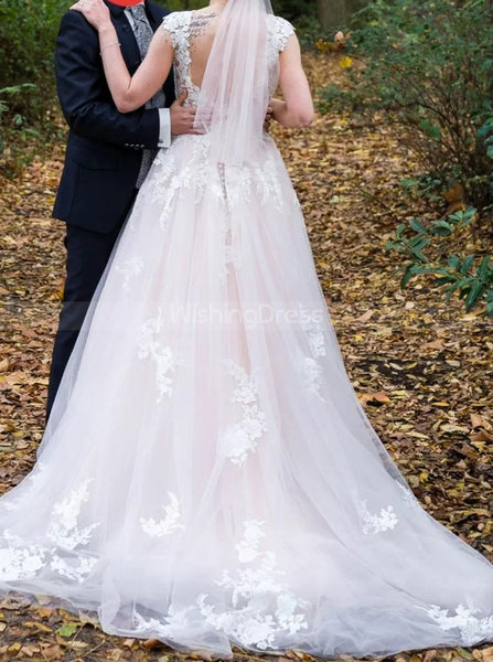 Blushing Pink Floral Wedding Gown,Romantic Tulle Wedding Dress,WD00769