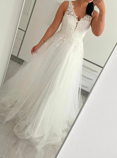 A-line Tulle Bridal Dress,V-neck Illusion Back Wedding Dress,WD00771