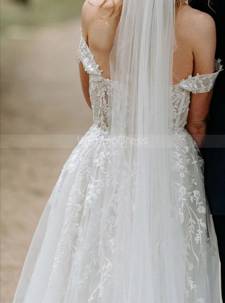 Off the Shoulder Bridal Dress with Slit,See Through Bodice Bridal Gown,WD00775