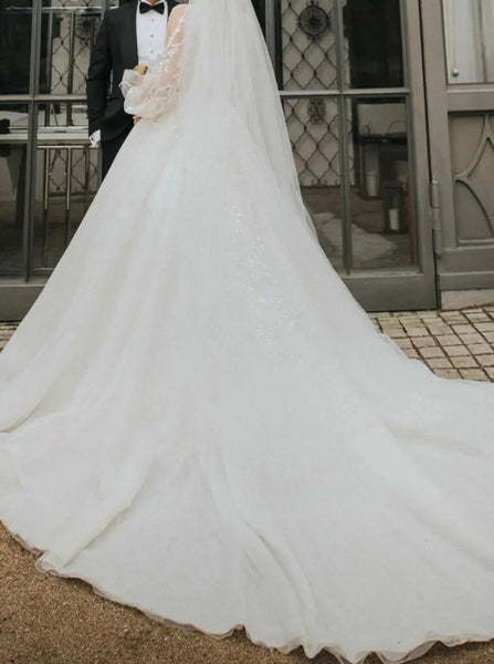 Illusion Sleeves Sweetheart Neck Wedding Gown,Bishop Sleeve Wedding Gown,WD00777