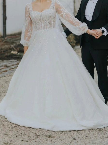 Illusion Sleeves Sweetheart Neck Wedding Gown,Bishop Sleeve Wedding Gown,WD00777