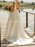 High Slit Cap Sleeves Wedding Dress,Vintage Satin Open Back Bridal Dress,WD00779