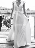 High Slit Cap Sleeves Wedding Dress,Vintage Satin Open Back Bridal Dress,WD00779