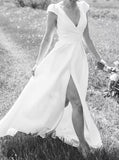 High Slit Cap Sleeves Wedding Dress,Vintage Satin Open Back Bridal Dress,WD00779