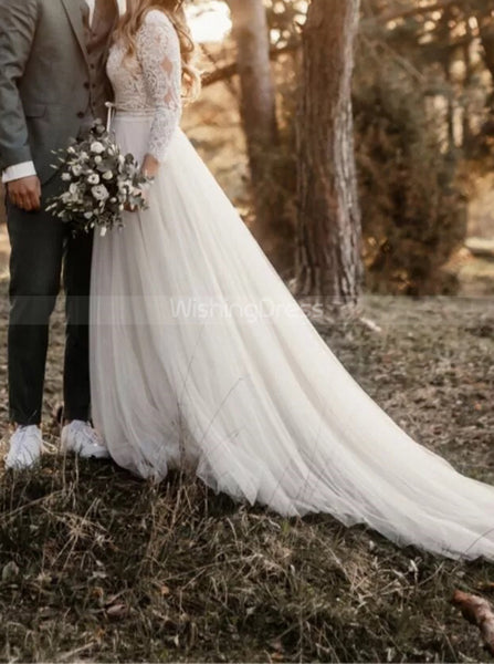 Outdoor Bridal Dress with Illusion Sleeves,Tulle Dress for Engagement Photo Shoot,WD00780