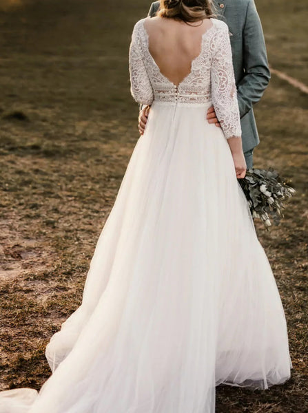 Outdoor Bridal Dress with Illusion Sleeves,Tulle Dress for Engagement Photo Shoot,WD00780