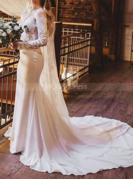 Fit and Flare Bridal Dress,Illusion Neckline Wedding Dress with Long Sleeves,WD00781