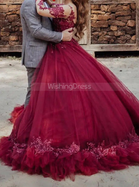 Burgundy Ball Gown Dress,Illusion Long Sleeves Dress for Wedding Photo Shoot,WD00785