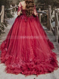 Burgundy Ball Gown Dress,Illusion Long Sleeves Dress for Wedding Photo Shoot,WD00785