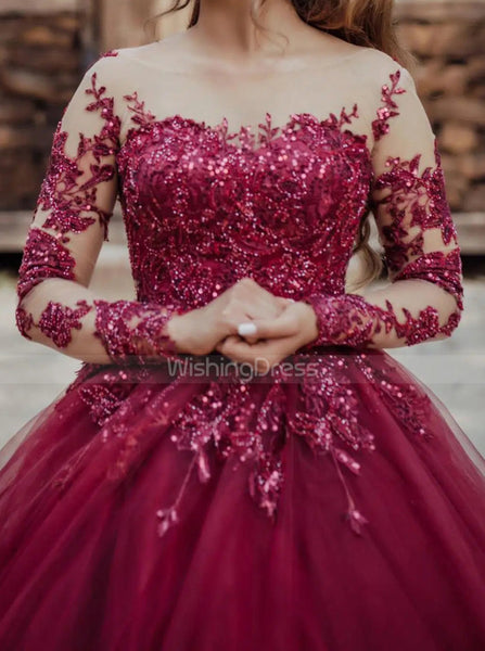 Burgundy Ball Gown Dress,Illusion Long Sleeves Dress for Wedding Photo Shoot,WD00785