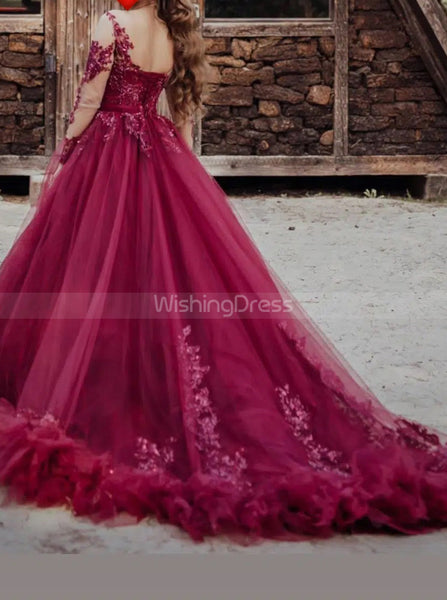 Burgundy Ball Gown Dress,Illusion Long Sleeves Dress for Wedding Photo Shoot,WD00785