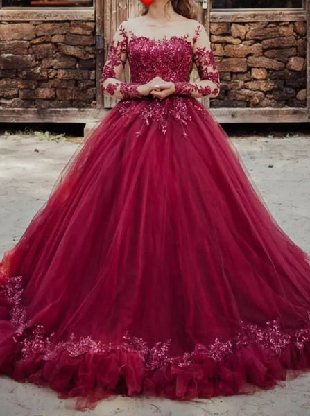 Burgundy Ball Gown Dress,Illusion Long Sleeves Dress for Wedding Photo Shoot,WD00785