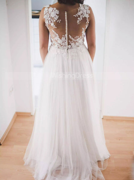 Illusion Back Bridal Dress,A-line Garden Wedding Dress,WD00791