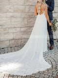 Lace Train Chiffon Wedding Dress,Spaghetti Straps Bridal Dress,WD00798