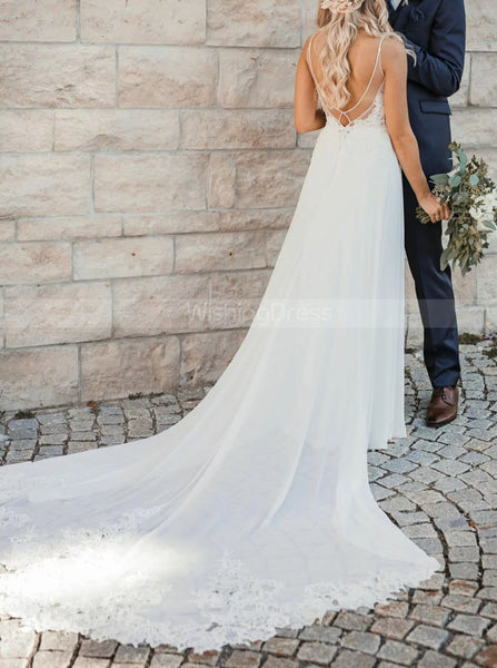 Lace Train Chiffon Wedding Dress,Spaghetti Straps Bridal Dress,WD00798