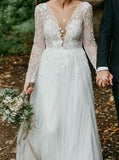 Long Sleeve Wedding Gown,Open Back Tulle Bridal Dress,WD00807