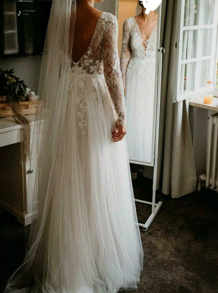 Long Sleeve Wedding Gown,Open Back Tulle Bridal Dress,WD00807